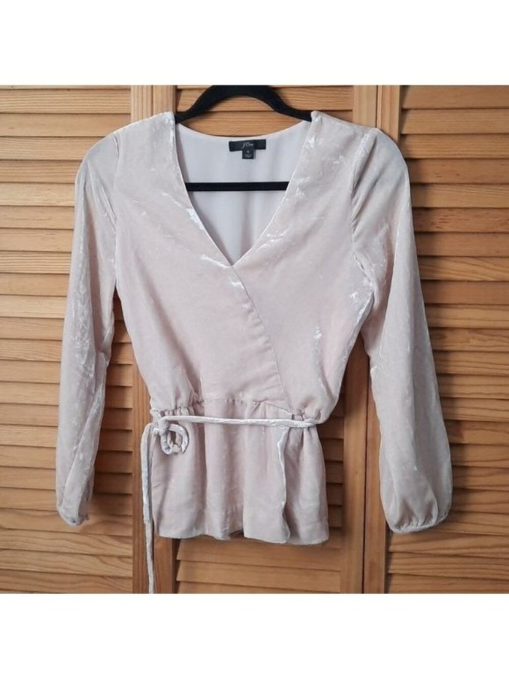 J.Crew Pale Pink Crushed Velvet Faux Wrap Peplum Vneck Long Sleeve Top Size 0